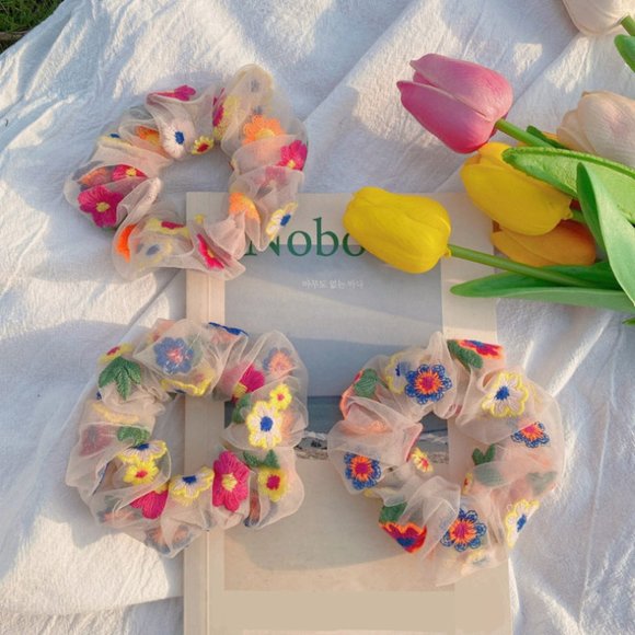 💐Embroidery Floral Hair Tie Scrunchies - Picture 6 of 7
